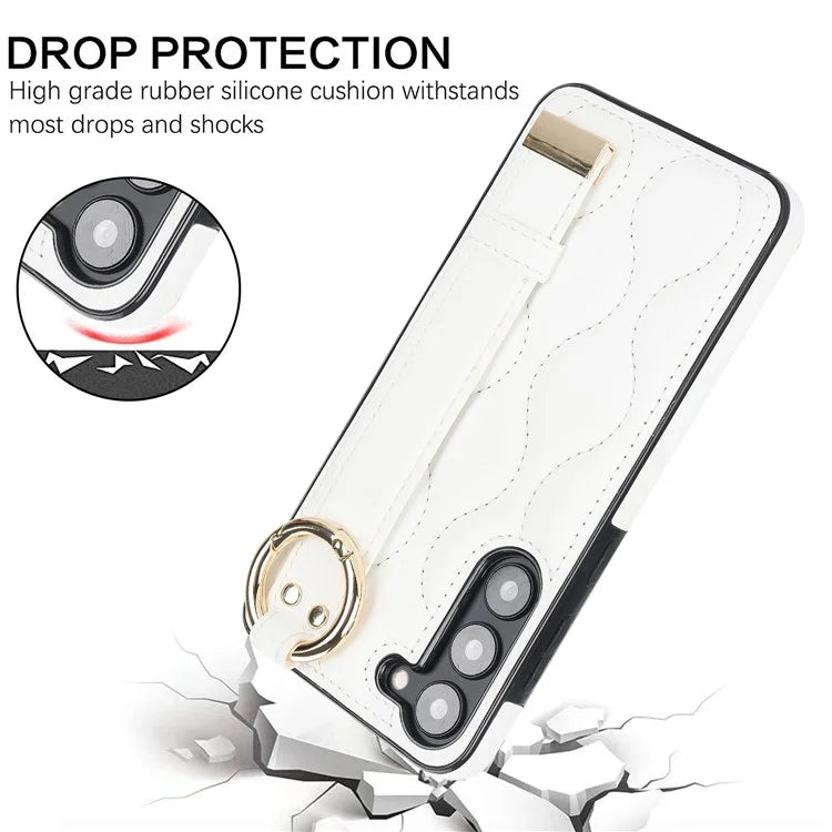 For Samsung Galaxy S23 Case Stylish Wave Pattern Leather+TPU Cell Phone Cover with Wristband