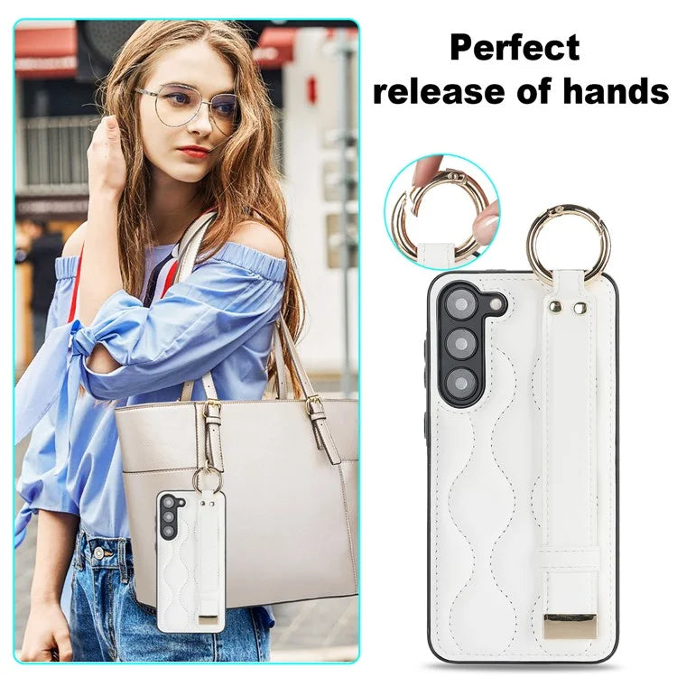 For Samsung Galaxy S23 Case Stylish Wave Pattern Leather+TPU Cell Phone Cover with Wristband