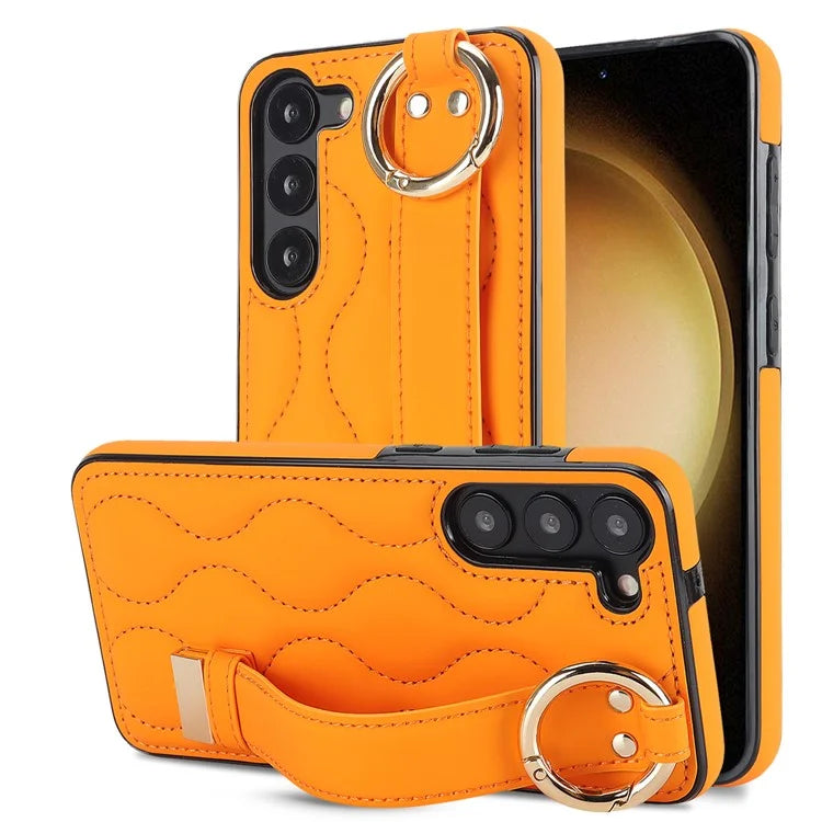 For Samsung Galaxy S23 Case Stylish Wave Pattern Leather+TPU Cell Phone Cover with Wristband
