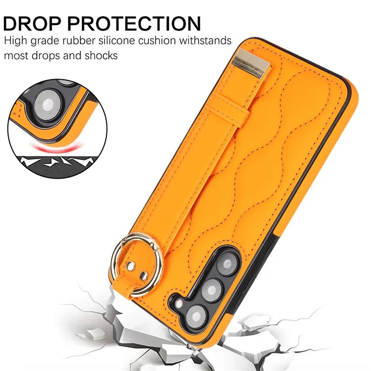 For Samsung Galaxy S23 Case Stylish Wave Pattern Leather+TPU Cell Phone Cover with Wristband