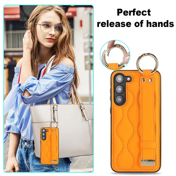 For Samsung Galaxy S23 Case Stylish Wave Pattern Leather+TPU Cell Phone Cover with Wristband