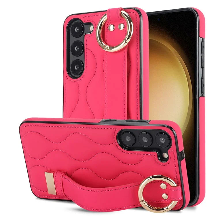 For Samsung Galaxy S23 Case Stylish Wave Pattern Leather+TPU Cell Phone Cover with Wristband