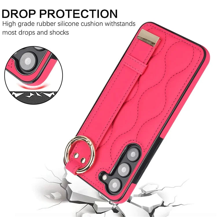 For Samsung Galaxy S23 Case Stylish Wave Pattern Leather+TPU Cell Phone Cover with Wristband