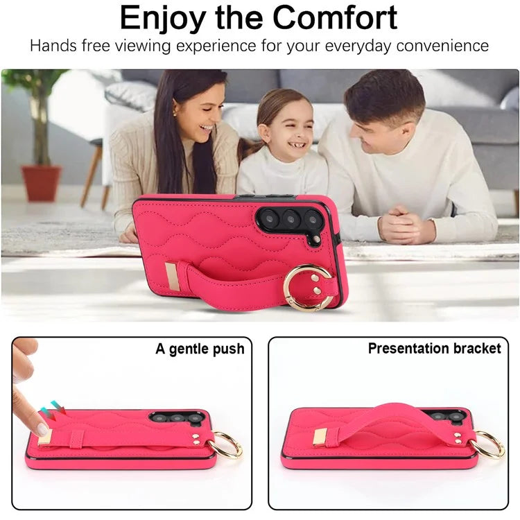 For Samsung Galaxy S23 Case Stylish Wave Pattern Leather+TPU Cell Phone Cover with Wristband