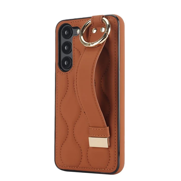 For Samsung Galaxy S23 Case Stylish Wave Pattern Leather+TPU Cell Phone Cover with Wristband