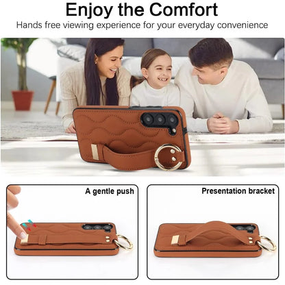 For Samsung Galaxy S23 Case Stylish Wave Pattern Leather+TPU Cell Phone Cover with Wristband