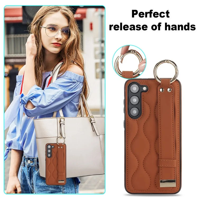 For Samsung Galaxy S23 Case Stylish Wave Pattern Leather+TPU Cell Phone Cover with Wristband