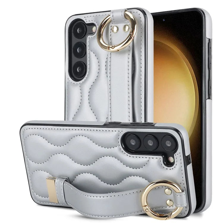 For Samsung Galaxy S23 Case Stylish Wave Pattern Leather+TPU Cell Phone Cover with Wristband