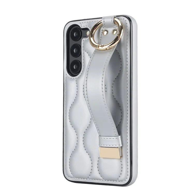 For Samsung Galaxy S23 Case Stylish Wave Pattern Leather+TPU Cell Phone Cover with Wristband