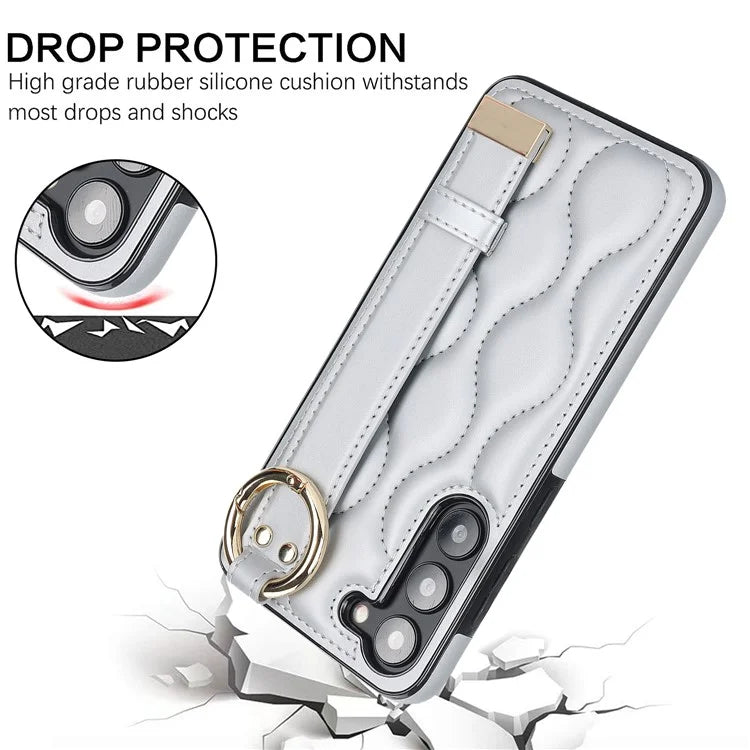 For Samsung Galaxy S23 Case Stylish Wave Pattern Leather+TPU Cell Phone Cover with Wristband