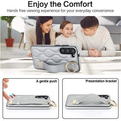 For Samsung Galaxy S23 Case Stylish Wave Pattern Leather+TPU Cell Phone Cover with Wristband