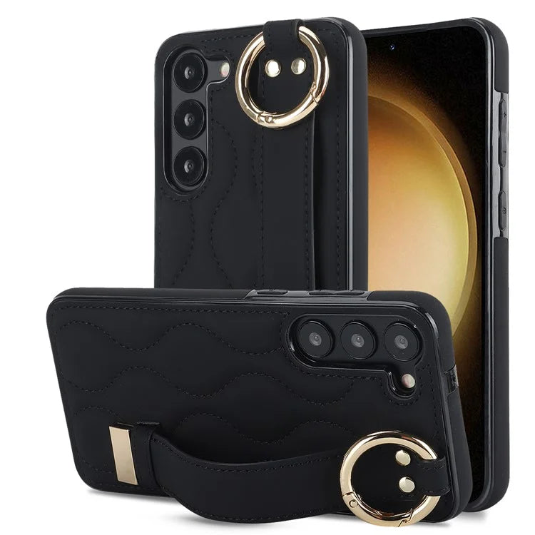 For Samsung Galaxy S23 Case Stylish Wave Pattern Leather+TPU Cell Phone Cover with Wristband