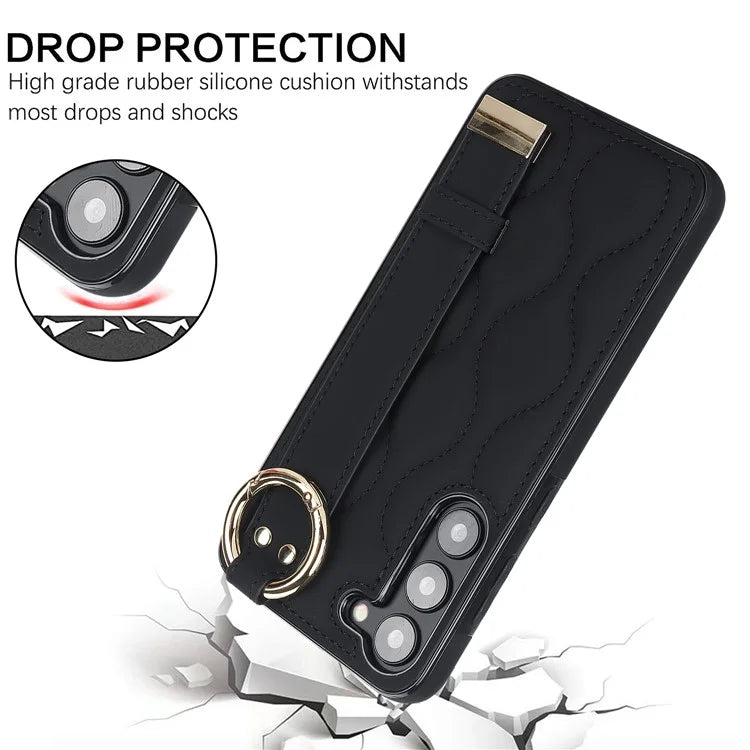 For Samsung Galaxy S23 Case Stylish Wave Pattern Leather+TPU Cell Phone Cover with Wristband