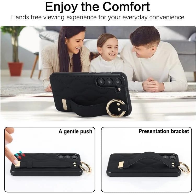 For Samsung Galaxy S23 Case Stylish Wave Pattern Leather+TPU Cell Phone Cover with Wristband