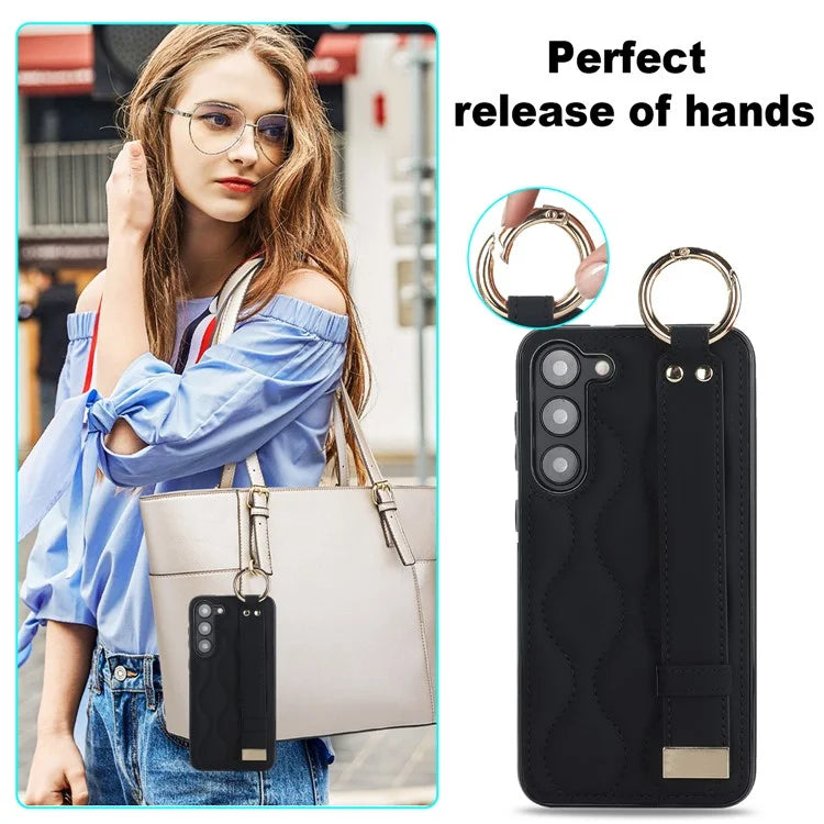 For Samsung Galaxy S23 Case Stylish Wave Pattern Leather+TPU Cell Phone Cover with Wristband