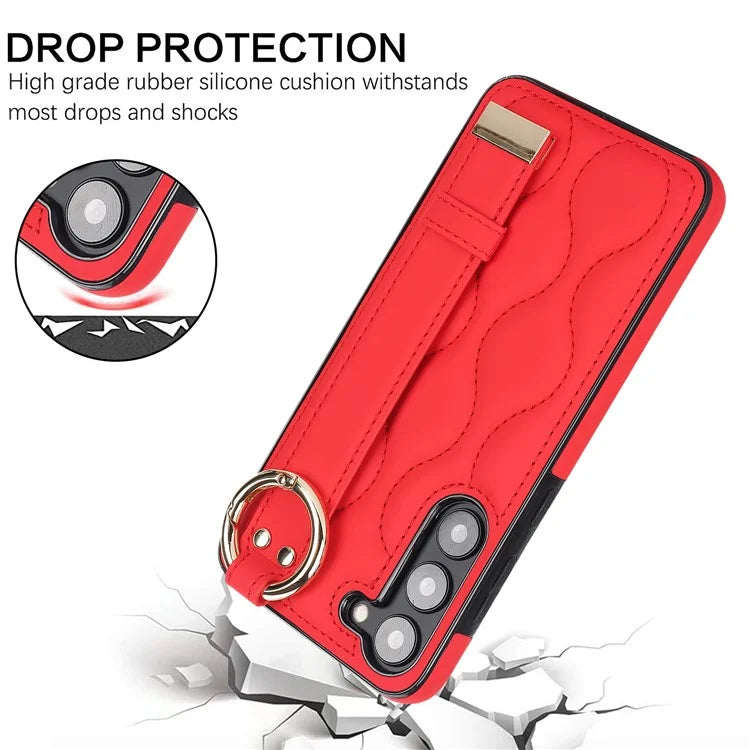 For Samsung Galaxy S23 Case Stylish Wave Pattern Leather+TPU Cell Phone Cover with Wristband