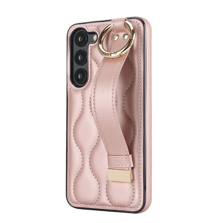 For Samsung Galaxy S23 Case Stylish Wave Pattern Leather+TPU Cell Phone Cover with Wristband Gold