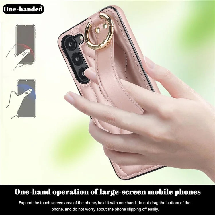 For Samsung Galaxy S23 Case Stylish Wave Pattern Leather+TPU Cell Phone Cover with Wristband Gold