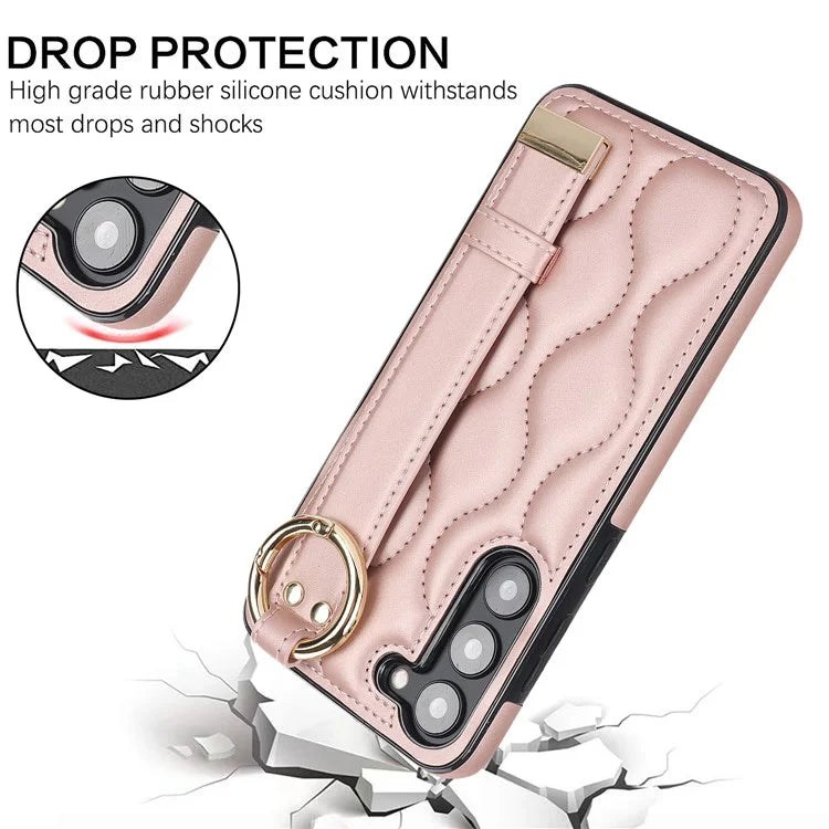 For Samsung Galaxy S23 Case Stylish Wave Pattern Leather+TPU Cell Phone Cover with Wristband Gold