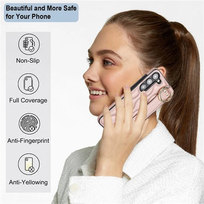 For Samsung Galaxy S23 Case Stylish Wave Pattern Leather+TPU Cell Phone Cover with Wristband Gold