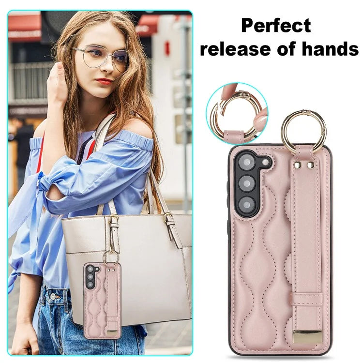For Samsung Galaxy S23 Case Stylish Wave Pattern Leather+TPU Cell Phone Cover with Wristband Gold