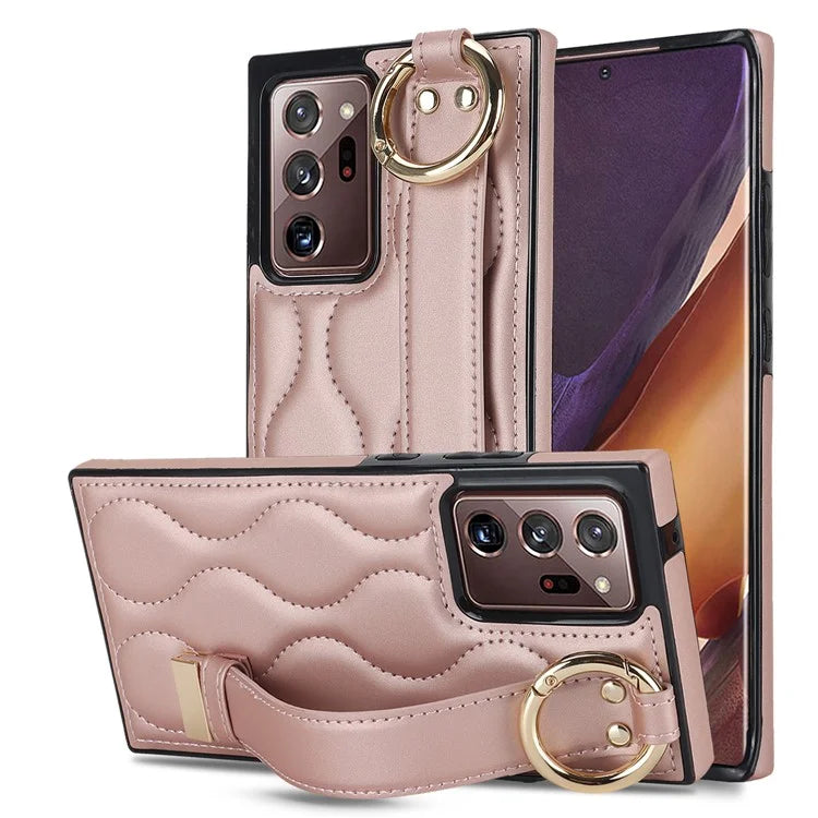 For Samsung Galaxy Note20 Ultra / Note20 Ultra 5G Case PU Leather+TPU Wristband Kickstand Cover Gold