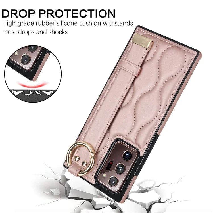 For Samsung Galaxy Note20 Ultra / Note20 Ultra 5G Case PU Leather+TPU Wristband Kickstand Cover Gold
