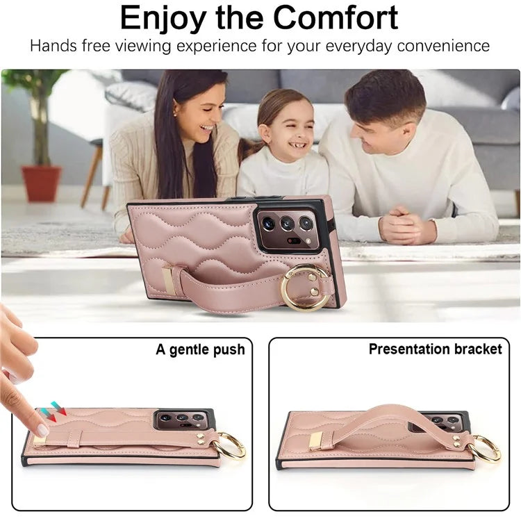 For Samsung Galaxy Note20 Ultra / Note20 Ultra 5G Case PU Leather+TPU Wristband Kickstand Cover Gold