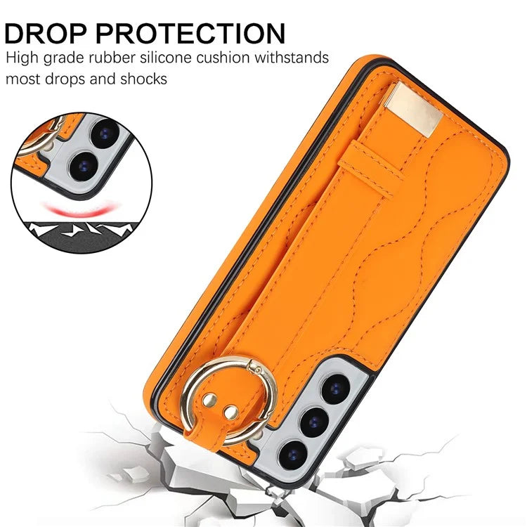 For Samsung Galaxy S22 5G Case Wave Pattern PU Leather+TPU Phone Back Cover with Ring Buckle