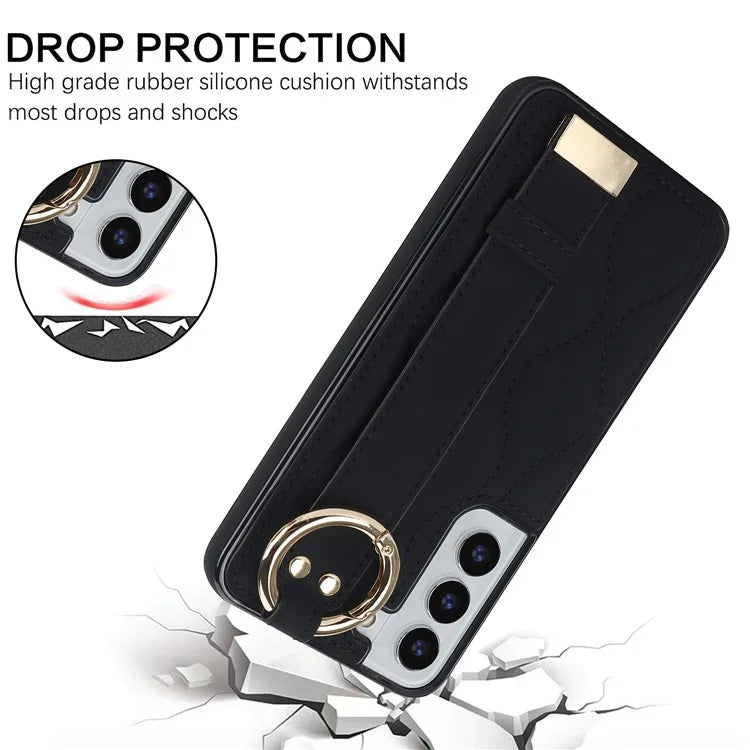 For Samsung Galaxy S22 5G Case Wave Pattern PU Leather+TPU Phone Back Cover with Ring Buckle