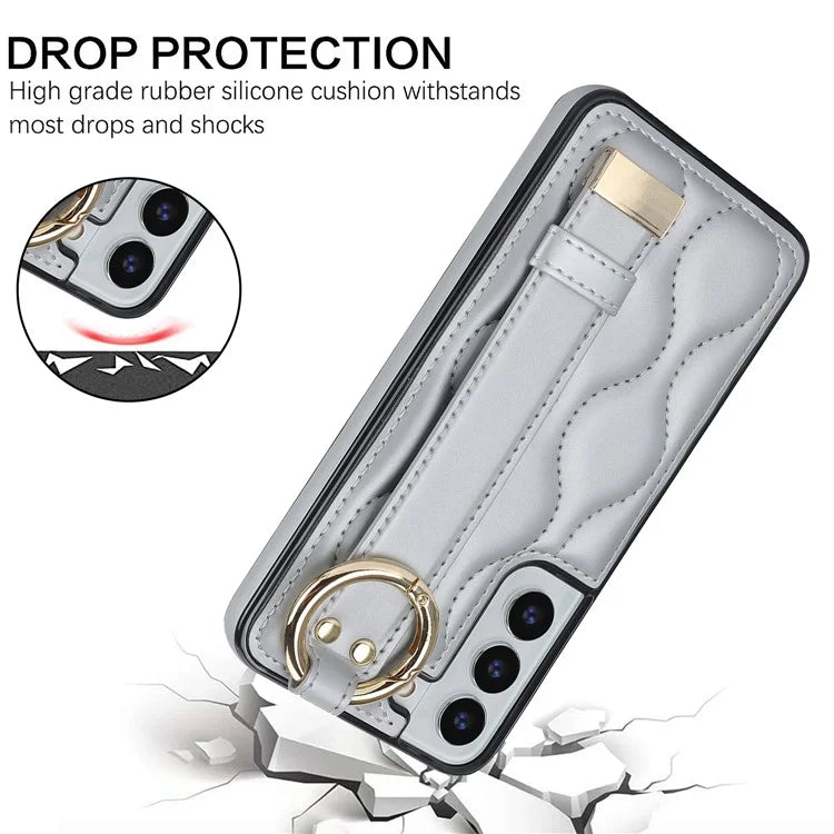 For Samsung Galaxy S22 5G Case Wave Pattern PU Leather+TPU Phone Back Cover with Ring Buckle