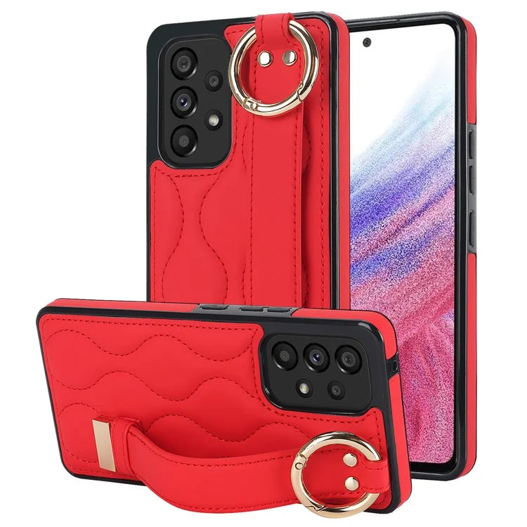 For Samsung Galaxy A53 5G Cell Phone Case Ring Hanging Buckle PU Leather+TPU Cover with Wristband