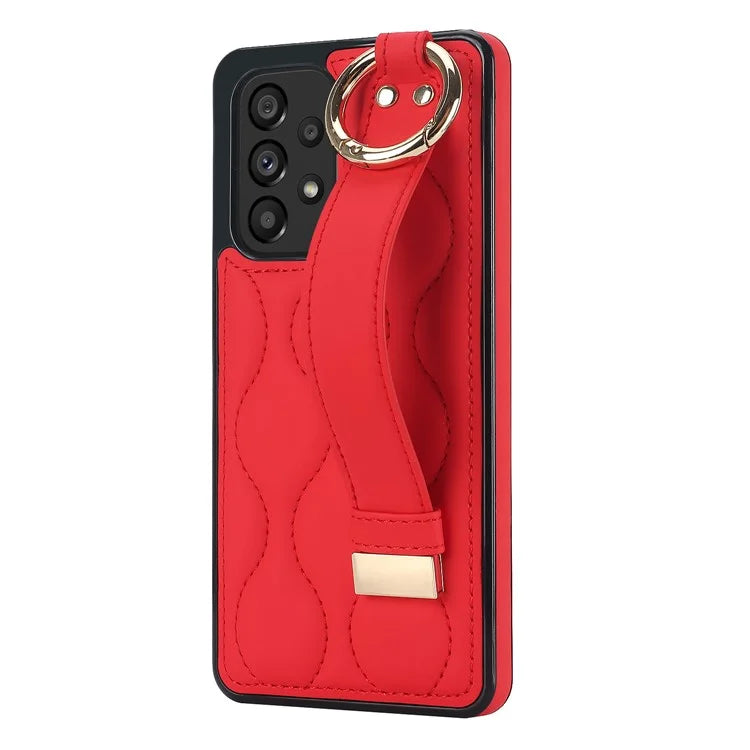 For Samsung Galaxy A53 5G Cell Phone Case Ring Hanging Buckle PU Leather+TPU Cover with Wristband