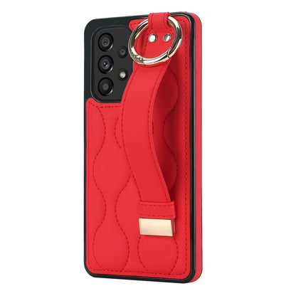 For Samsung Galaxy A53 5G Cell Phone Case Ring Hanging Buckle PU Leather+TPU Cover with Wristband