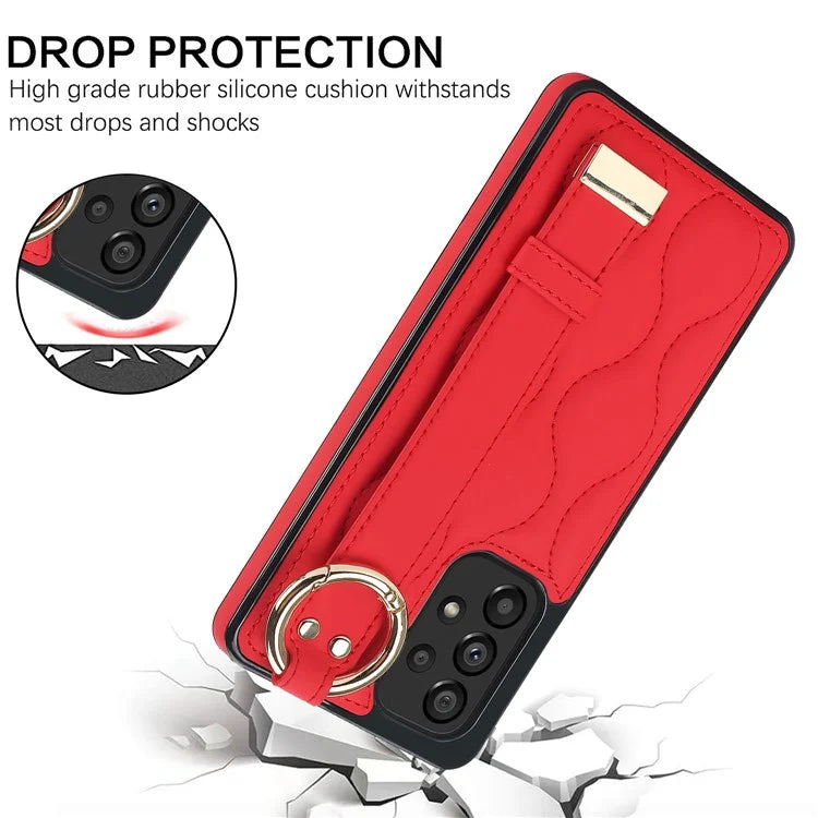 For Samsung Galaxy A53 5G Cell Phone Case Ring Hanging Buckle PU Leather+TPU Cover with Wristband