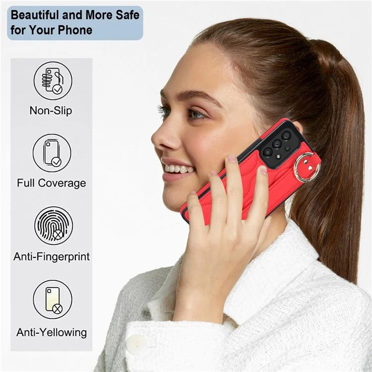 For Samsung Galaxy A53 5G Cell Phone Case Ring Hanging Buckle PU Leather+TPU Cover with Wristband