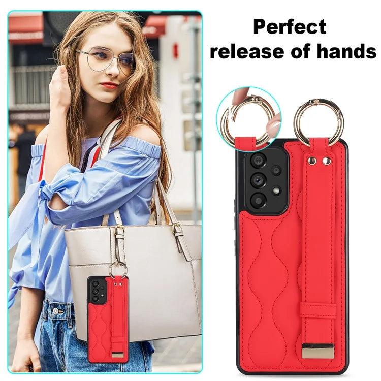 For Samsung Galaxy A53 5G Cell Phone Case Ring Hanging Buckle PU Leather+TPU Cover with Wristband