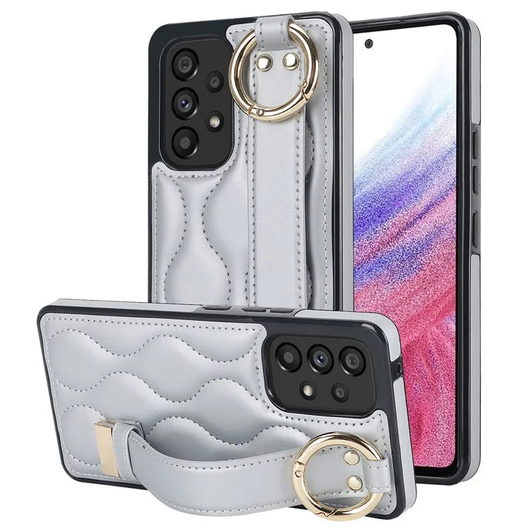 For Samsung Galaxy A53 5G Cell Phone Case Ring Hanging Buckle PU Leather+TPU Cover with Wristband
