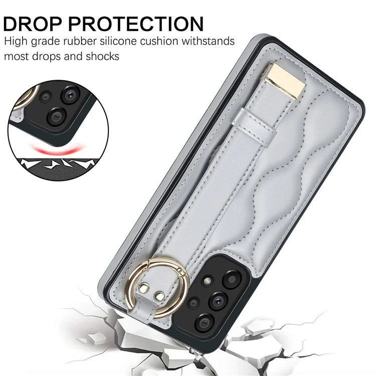 For Samsung Galaxy A53 5G Cell Phone Case Ring Hanging Buckle PU Leather+TPU Cover with Wristband