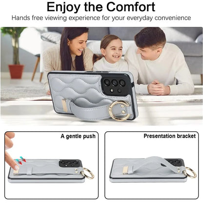 For Samsung Galaxy A53 5G Cell Phone Case Ring Hanging Buckle PU Leather+TPU Cover with Wristband