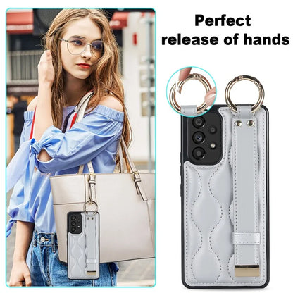 For Samsung Galaxy A53 5G Cell Phone Case Ring Hanging Buckle PU Leather+TPU Cover with Wristband
