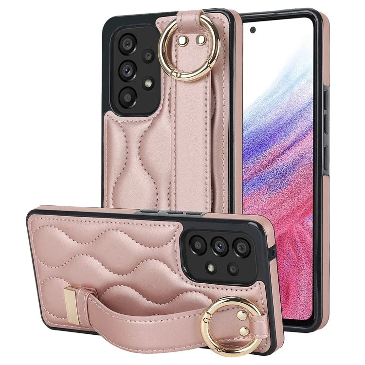 For Samsung Galaxy A53 5G Cell Phone Case Ring Hanging Buckle PU Leather+TPU Cover with Wristband