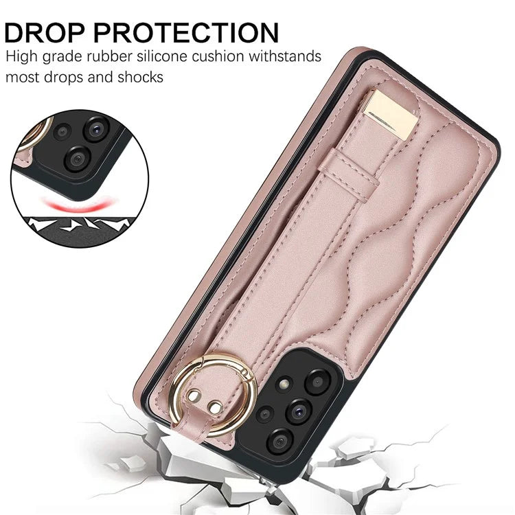 For Samsung Galaxy A53 5G Cell Phone Case Ring Hanging Buckle PU Leather+TPU Cover with Wristband