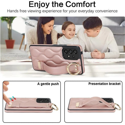 For Samsung Galaxy A53 5G Cell Phone Case Ring Hanging Buckle PU Leather+TPU Cover with Wristband