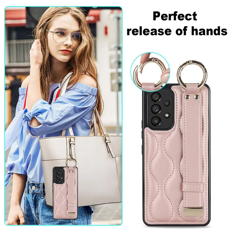 For Samsung Galaxy A53 5G Cell Phone Case Ring Hanging Buckle PU Leather+TPU Cover with Wristband