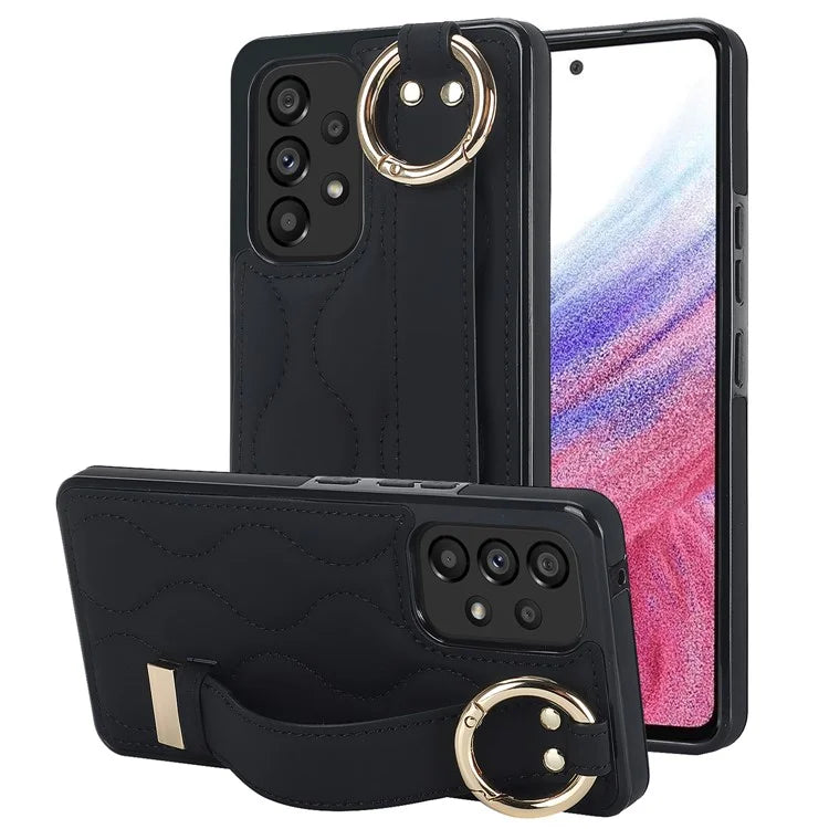 For Samsung Galaxy A53 5G Cell Phone Case Ring Hanging Buckle PU Leather+TPU Cover with Wristband