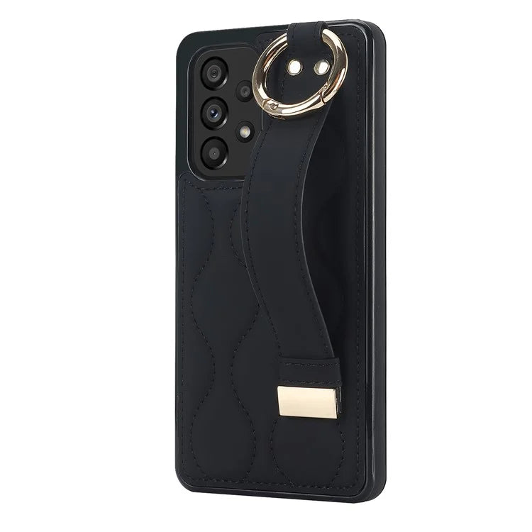 For Samsung Galaxy A53 5G Cell Phone Case Ring Hanging Buckle PU Leather+TPU Cover with Wristband