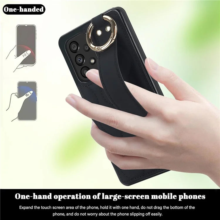 For Samsung Galaxy A53 5G Cell Phone Case Ring Hanging Buckle PU Leather+TPU Cover with Wristband