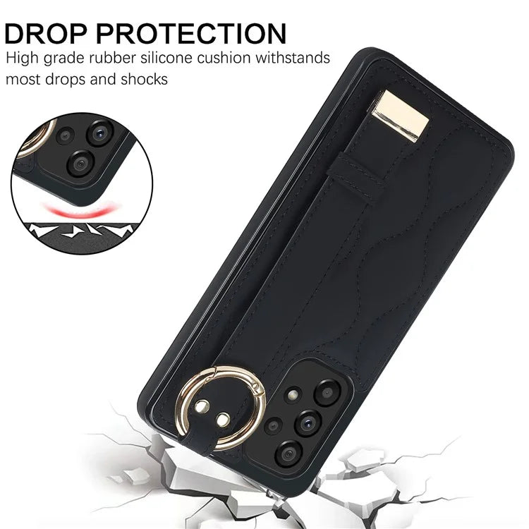 For Samsung Galaxy A53 5G Cell Phone Case Ring Hanging Buckle PU Leather+TPU Cover with Wristband