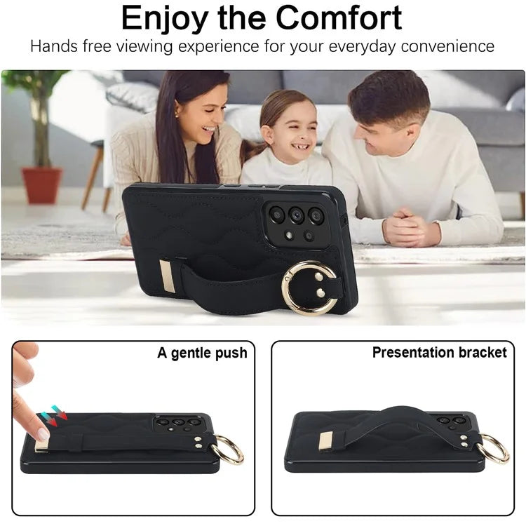 For Samsung Galaxy A53 5G Cell Phone Case Ring Hanging Buckle PU Leather+TPU Cover with Wristband